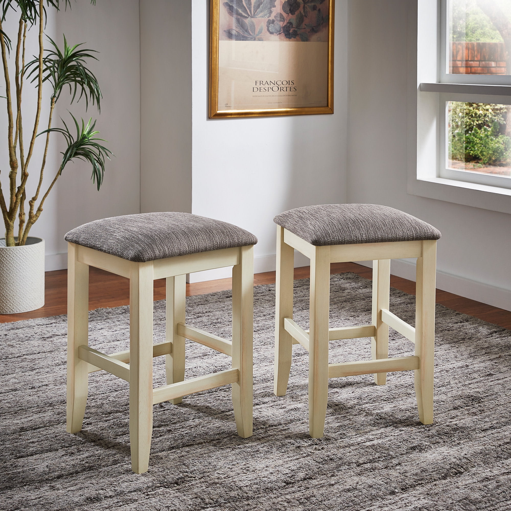 Weston Home Yvoire 24" Counter Height Upholstered Bar Stool, Set of 2, Creamy Off White Finish, Gray Fabric