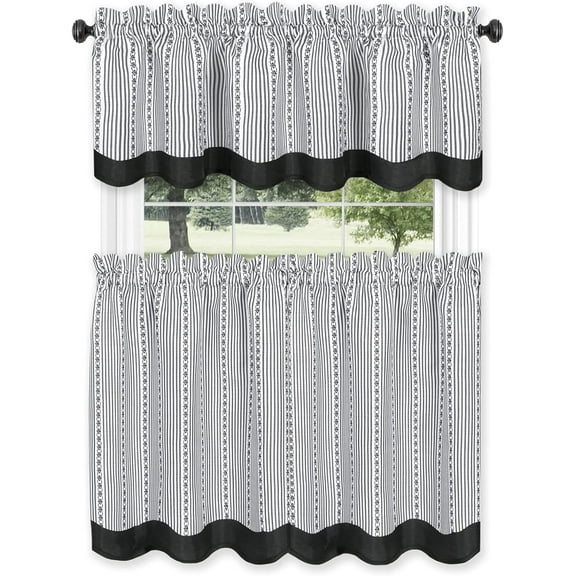 Westport Tier and Valance Set - Elegant Scalloped Design with Pinstripes and Flower Accents - Easy Installation - Machine Washable - 58x36 - Black/White