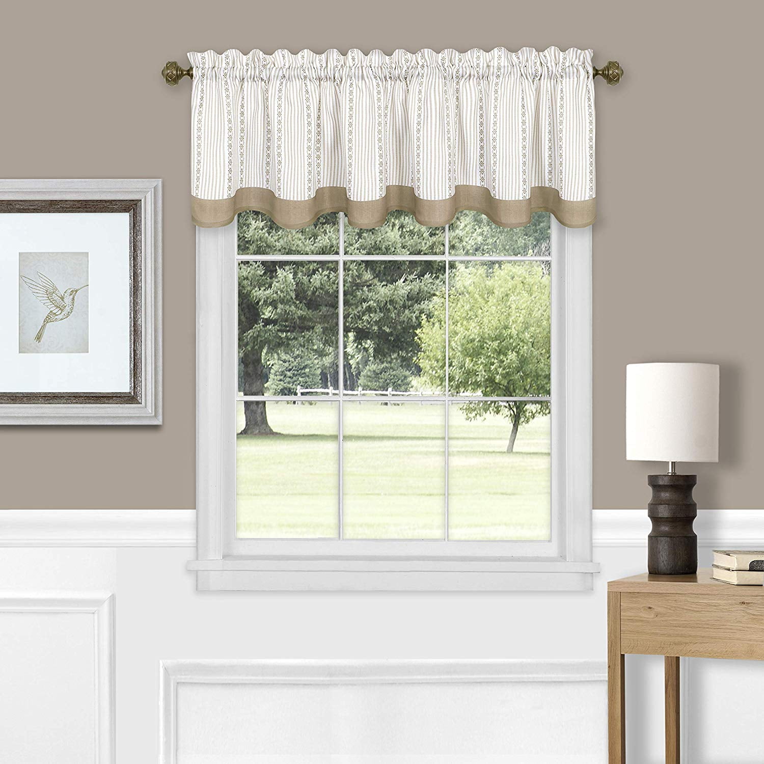 Taupe and Gray Pinstripe Polyester Rod Pocket Valance