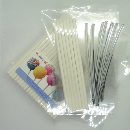 Weststone - 100pcs 6" Lollipop Sticks + 100 Poly Bags + 100 Silver Twist Ties for Cake Pops