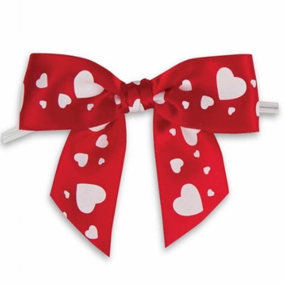 Weststone 50pcs Satin Red Dotted Hearts Bows 3 1/2" Span x 2" Tail, Ribbon Width 1", Pre-Tied Bows or Self-Adhesive Bows