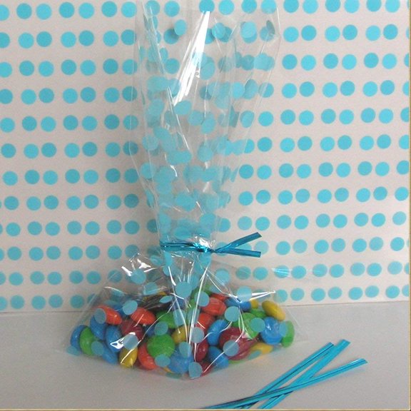 Weststone Bags and Ties - 25pcs 5"x8" Blue Polka Dot Bags and 4" Blue Ties for Boy Baby Shower Party