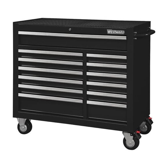 WESTWARD Rolling Tool Cabinet, 13-Drawers, Gloss Black, 42" W x 19" D x 40" H