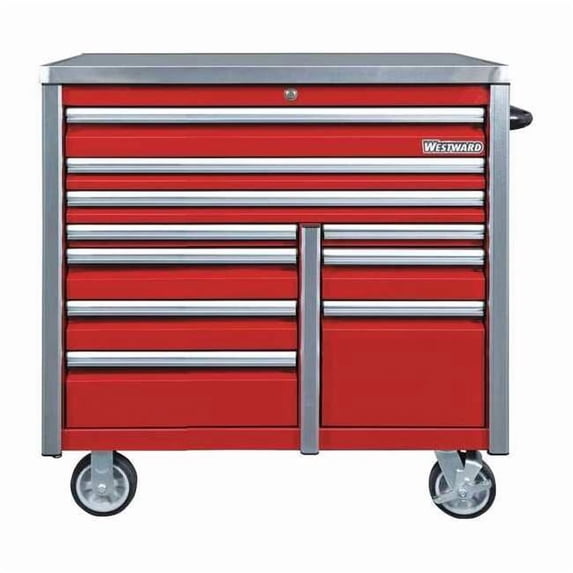 WESTWARD Rolling Tool Cabinet, 10-Drawers, Matte Red, 42" W x 25.5" D x 49" H