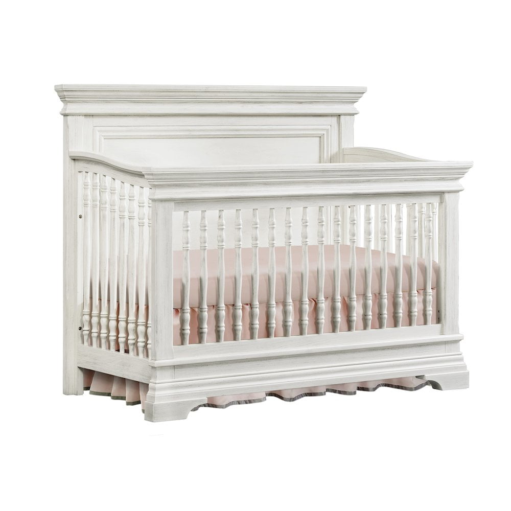 Brushed White Solid Hardwood Convertible Crib with Spindle Details