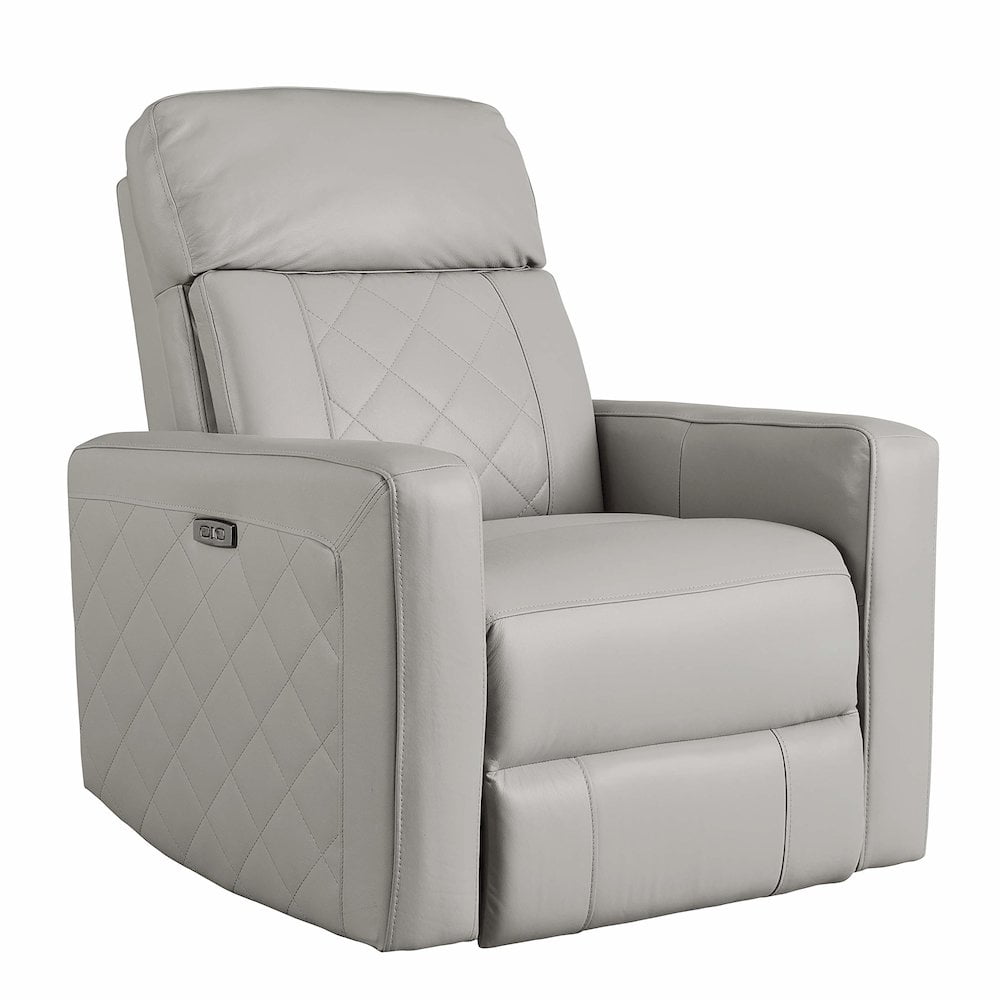 Cloud Gray Leather Swivel Recliner with USB and Wood Accents