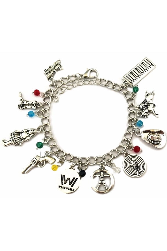 Westworld TV Show 10 Themed Silvertone Metal Charm Bracelet With Plastic Gems