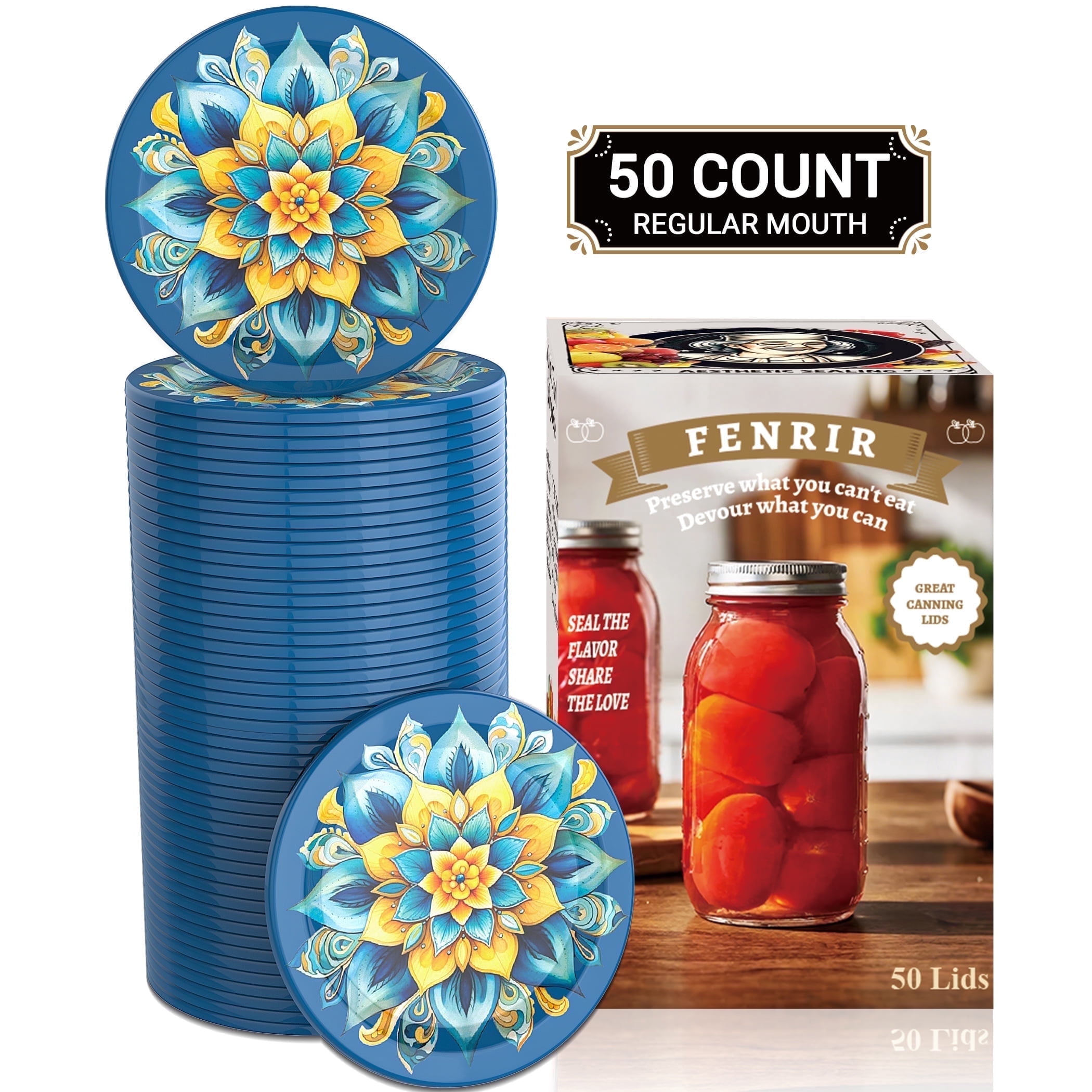 Tattler Reusable Canning Lids - 50 Wide Mouth Lids & 50 Rubber Rings (BPA Free, Made In USA)
