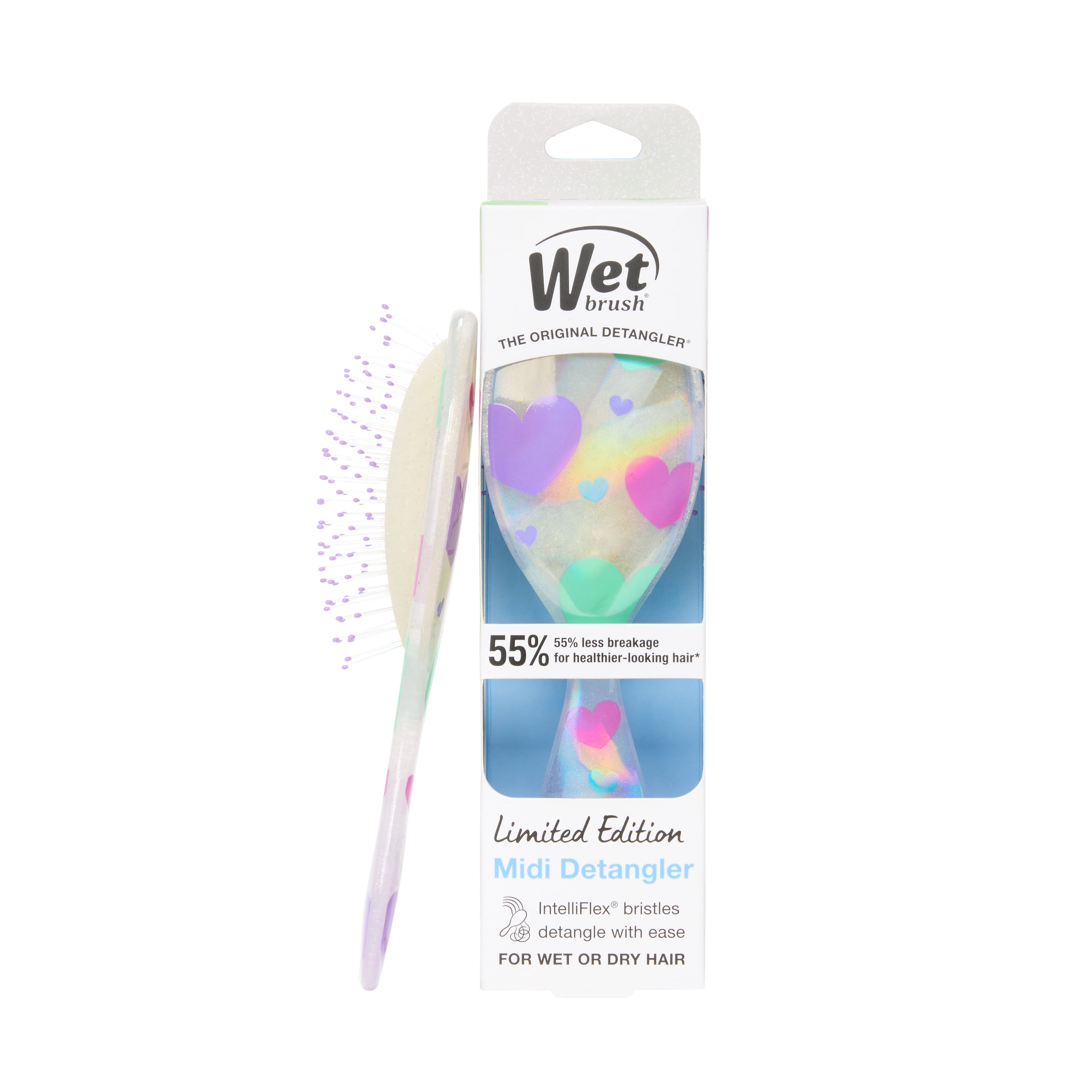 Wet Brush Original Detangler Hair Brush, Midi Size, Glitter Hearts Design, for Wet or Dry Hair