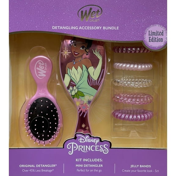 Wet Brush Tiana Girls Gift Set Disney Princess Limited Edition Hair Band Accessory Kids Kit Detangler - 7 Count Includes - 2 Sizes Brushes - 5 Jelly Bands