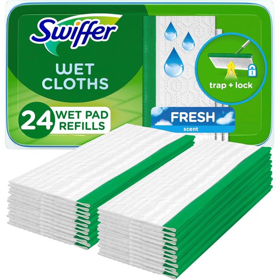 +, Wet Cleaning Pad Refill, for cleaning dust, dirt, hair floor cleaner, suitable for household, bathroom, kitchen cleaning cloths, all-around multi-surface floor wipes, fresh, 24-pack