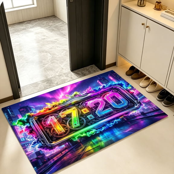 Wet Cyber City Gear Mechanical Rainbow HUD Neon Clock Smoke Lightning Doormat, Bedroom Hallway Entry Rug, Halloween Rainy Urban Steampunk Rainbow Neon Decor Gift