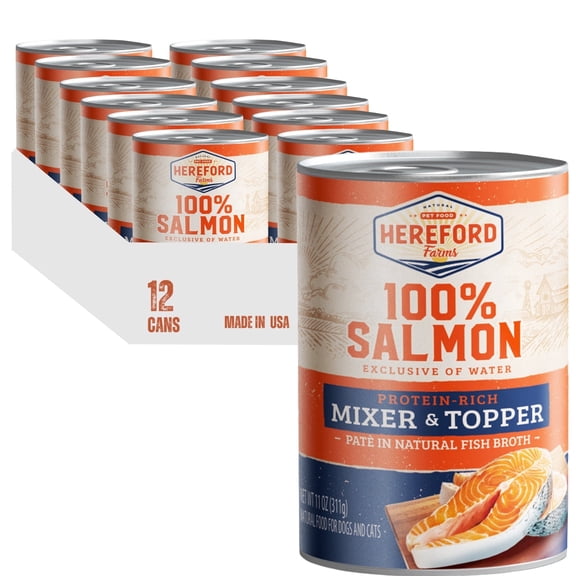 Hereford Farms 100% Salmon Wet Dog and Cat Food exclusive of water, Protein-rich Mixer and Topper, 12 Pack