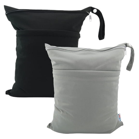 Wet Dry Bags 2 Pack for Baby Cloth Diapers, Waterproof Reusable with Two Zippered Pockets Travel Beach Pool Soiled Baby Items Yoga Gym Bag for Swimsuits or Wet Clothes (grey and black)