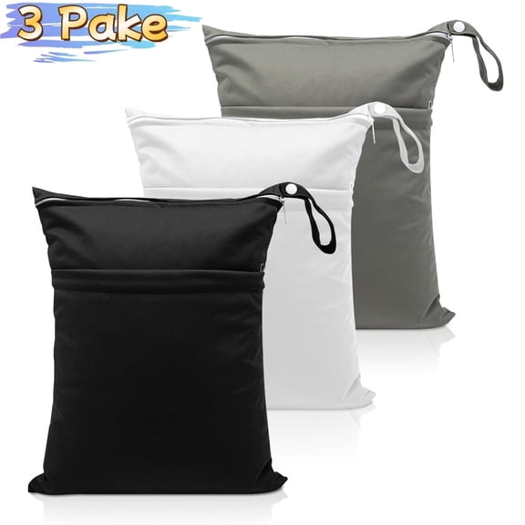 Wet Clothes Bag 3 Pack with 2 Pockets, Reusable Waterproof Bags for Beach, Pool, Gym, and Travel, Grey, Black & White