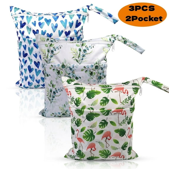 Wet Dry Bags for Baby Cloth Diapers, Travel, Swimsuit, Beach, Pool, Gym, Wet Clothes Bag with 2 Pockets 3 Pack