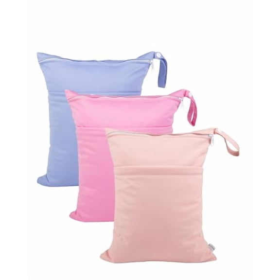Wet Dry Bags for Baby Cloth Diapers, Washable Travel Bags, Beach, Pool, Gym Bag for Swimsuits & Wet Clothes with 2 Pockets 3 Pack 3LN09