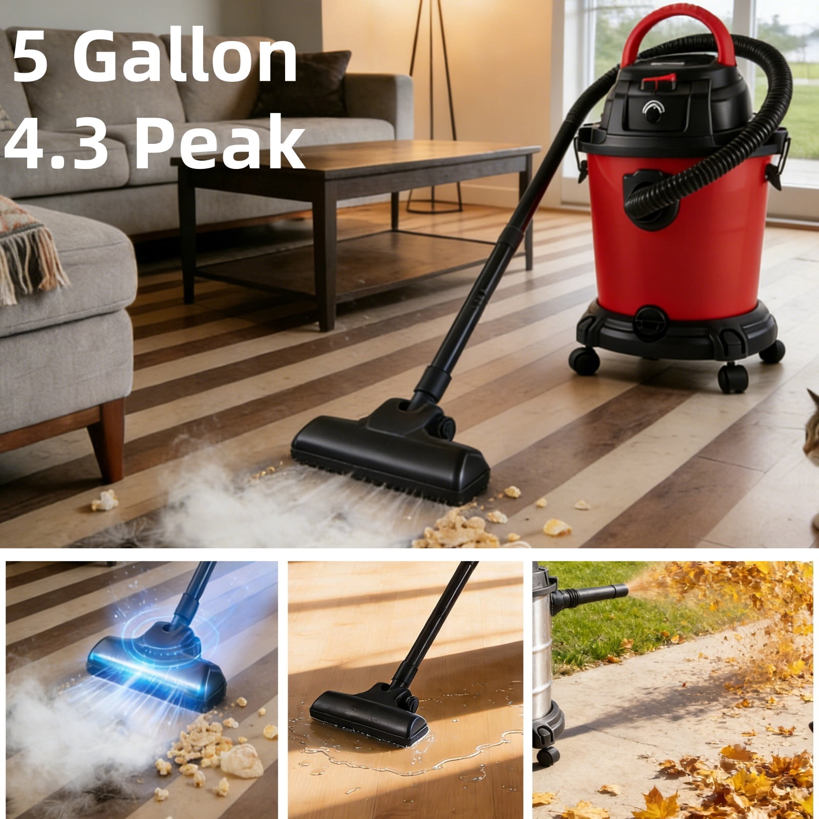 Wet Dry Vac 5 Gallon 4.3 Peak HP, 3 in 1 Shop Vacuum with Blowing Function,Wet/Dry Vacuum to Clean Floor,Upholstery,Gap,Car,Garage,Workshop
