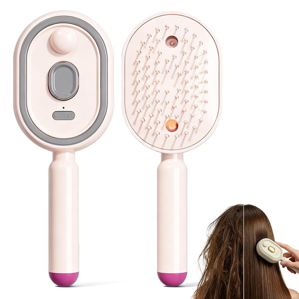 Wet Electric Hairbrush with Water Spray for Women, Rechargeable Red Light Air Cushion Mister Steam Brush for Damp Hair Spa Styling Detangling Cleaning Grooming