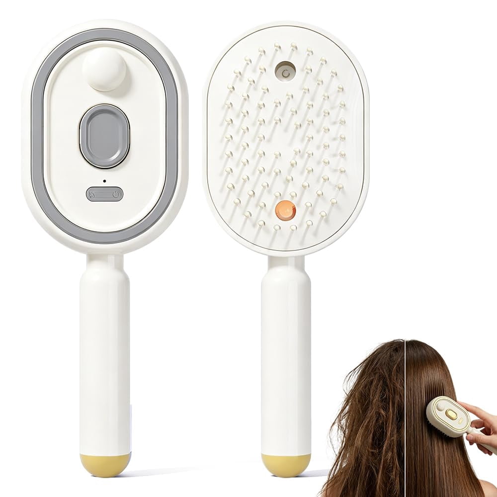 Wet Electric Hairbrush with Water Spray for Women, Rechargeable Red Light Air Cushion Mister Steam Brush for Damp Hair Spa Styling Detangling Cleaning Grooming