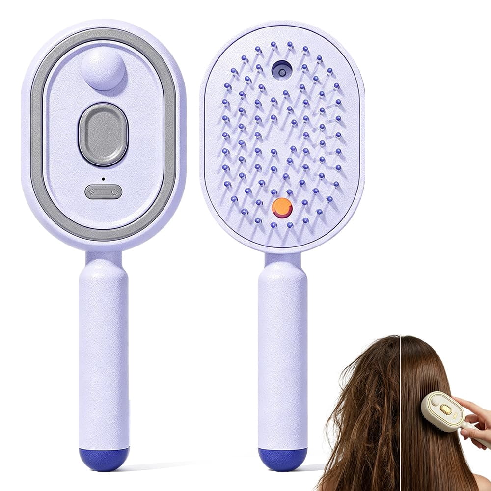 Wet Electric Hairbrush with Water Spray for Women, Rechargeable Red Light Air Cushion Mister Steam Brush for Damp Hair Spa Styling Detangling Cleaning Grooming
