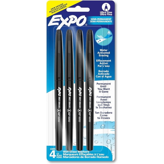 Wet Erase Markers, Semi-Permanent Overhead Transparency Black, Ultra Fine Tip, 4 Count