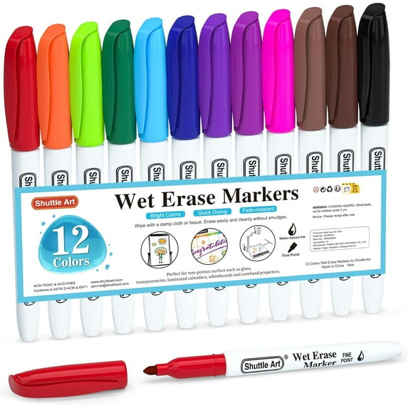 Wet Erase Markers, Shuttle Art 12 Colors Fine Tip Overhead Transparency Smudge-Free Markers, Workers for Laminated Calendars Whiteboard Schedule Glass,Wipe with Water