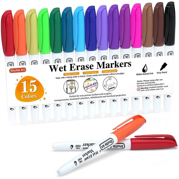 Wet Erase Markers, Shuttle Art 15 Colors 1mm Fine Tip Smudge-Free Markers, Use on Laminated Calendars,Overhead Projectors,Schedules,Whiteboards,Transparencies,Glass