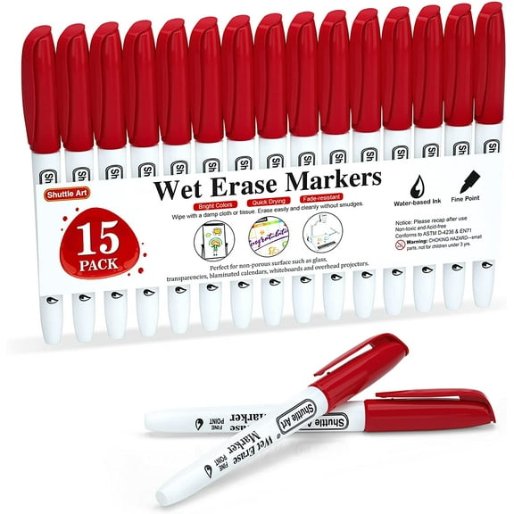 Wet Erase Markers, Shuttle Art 15 Pack Red 1mm Fine Tip Smudge-Free Markers, Use on Laminated Calendars, Overhead Projectors, Schedules, Whiteboards, Transparencies, Glass