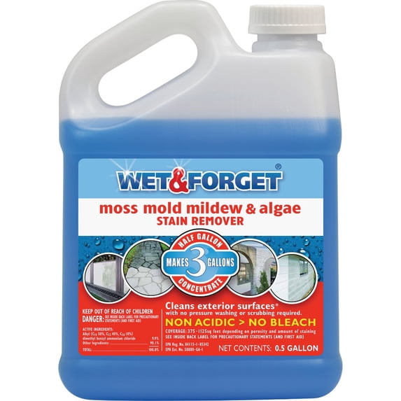 Wet & Forget No Scrub Outdoor Cleaner for Easy Removal of Mold, Mildew and Algae Stains, Bleach-Free Formula, 0.5 Gallon Concentrate - Ships to California Only, 64 Fluid Ounces
