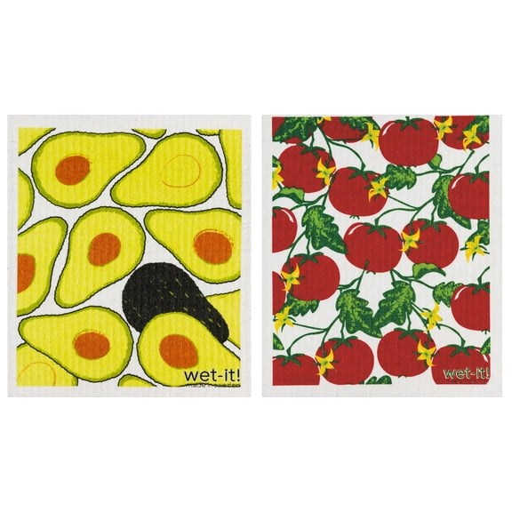 Wet-It! Swedish Treasures Dishcloth & Cleaning Cloth - Set of 2 - Avocados & Tomatoes - (Paper Towel Replacement)
