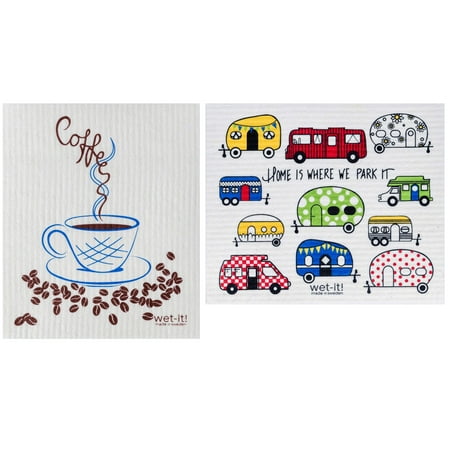 Wet-It! Swedish Treasures Dishcloth & Cleaning Cloth - Set of 2 - Coffee & My RV - (Paper Towel Replacement)