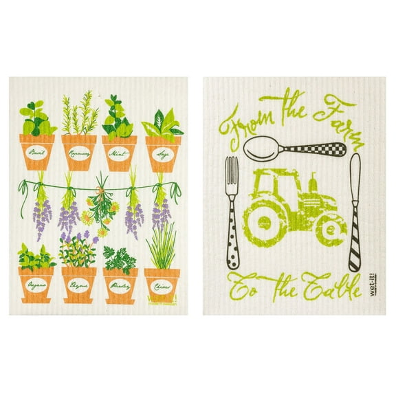 Wet-It! Swedish Treasures Dishcloth & Cleaning Cloth - Set of 2 - Fresh Herbs & Farm To Table - (Paper Towel Replacement)