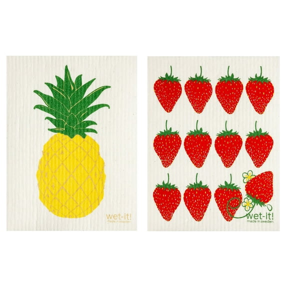 Wet-It! Swedish Treasures Dishcloth & Cleaning Cloth - Set of 2 - Hospitality Pineapple & Strawberries - (Paper Towel Replacement)