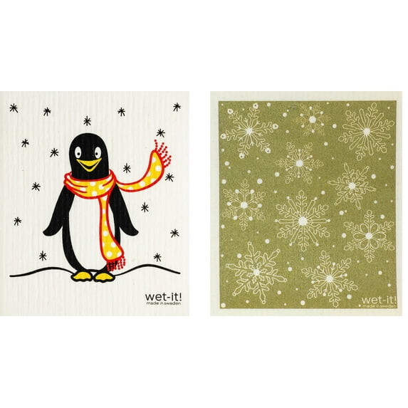 Wet-It! Swedish Treasures Dishcloth & Cleaning Cloth - Set of 2 - Penguin & Winter Snow Gold - (Paper Towel Replacement)