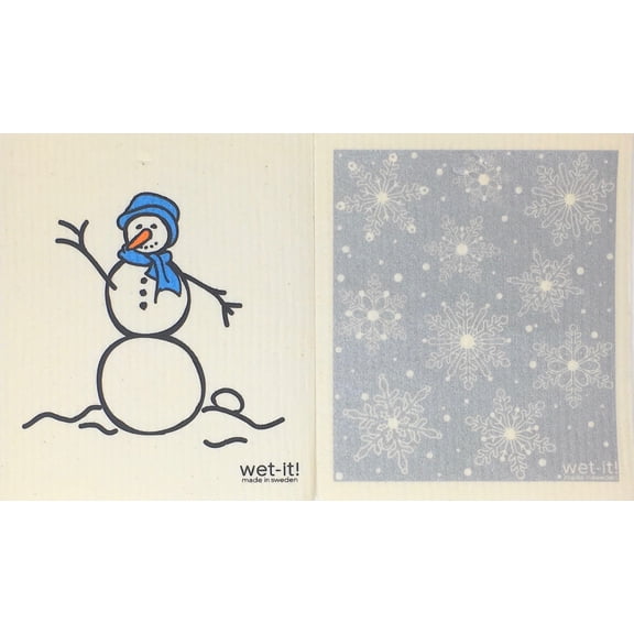Wet-It! Swedish Treasures Dishcloth & Cleaning Cloth - Set of 2 - Snowman Blue & Winter Snow Silver (Paper Towel Replacement)