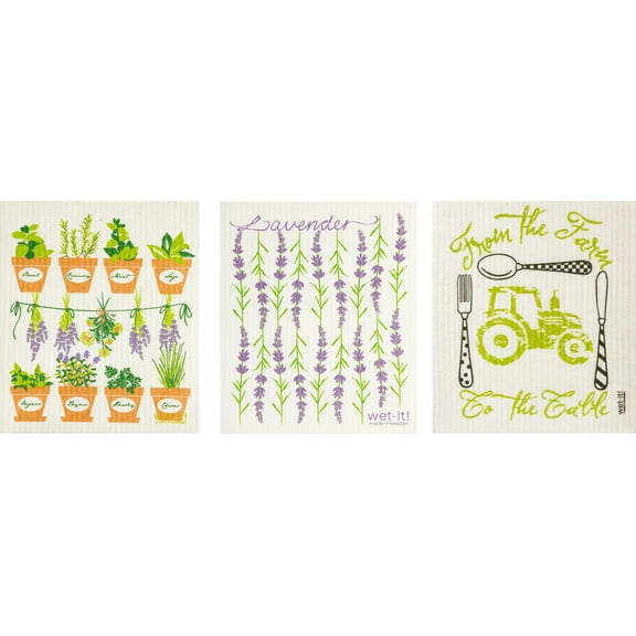 Wet-It! Swedish Treasures Dishcloth & Cleaning Cloth - Set of 3 - Fresh Herbs, Lavender & Farm-to-Table - (Paper Towel Replacement)