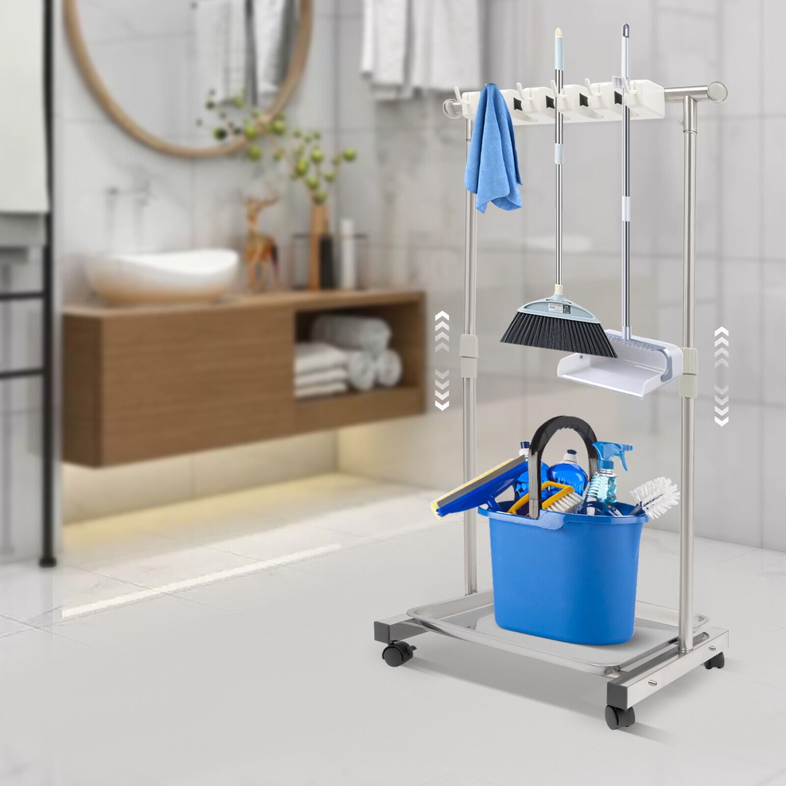 Wet Mop Hanger Rack Mop Broom Holder Movable Standing Cleaning Tool ...