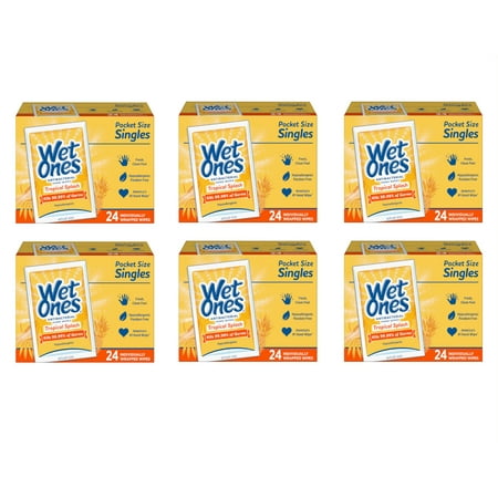 Wet Ones Antibacterial Hand Wipes Tropical Splash Pocket Size Singles Individually Wrapped Hypoallergenic Paraben Free, 24 Count (Pack of 6)