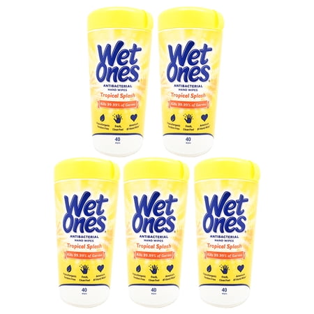 Wet Ones Antibacterial Hand Wipes Canister. Fresh and Hypoallergenic. Tropical Splash Scent. 40 Wipes. Pack of 5