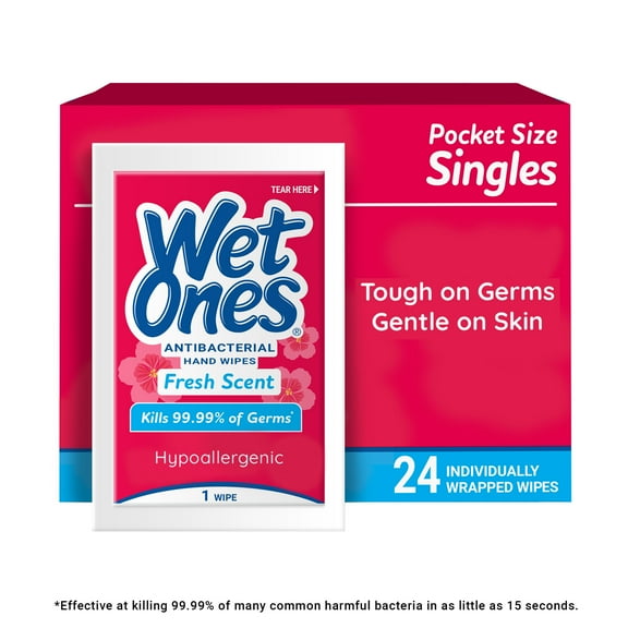 Wet Ones Antibacterial Hand Wipes, Fresh Scent, 24 Ct Individually Wrapped Hand Wipes