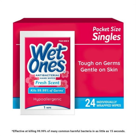 Wet Ones Antibacterial Hand Wipes, Individually Wrapped, Fresh Scent, 24 ct