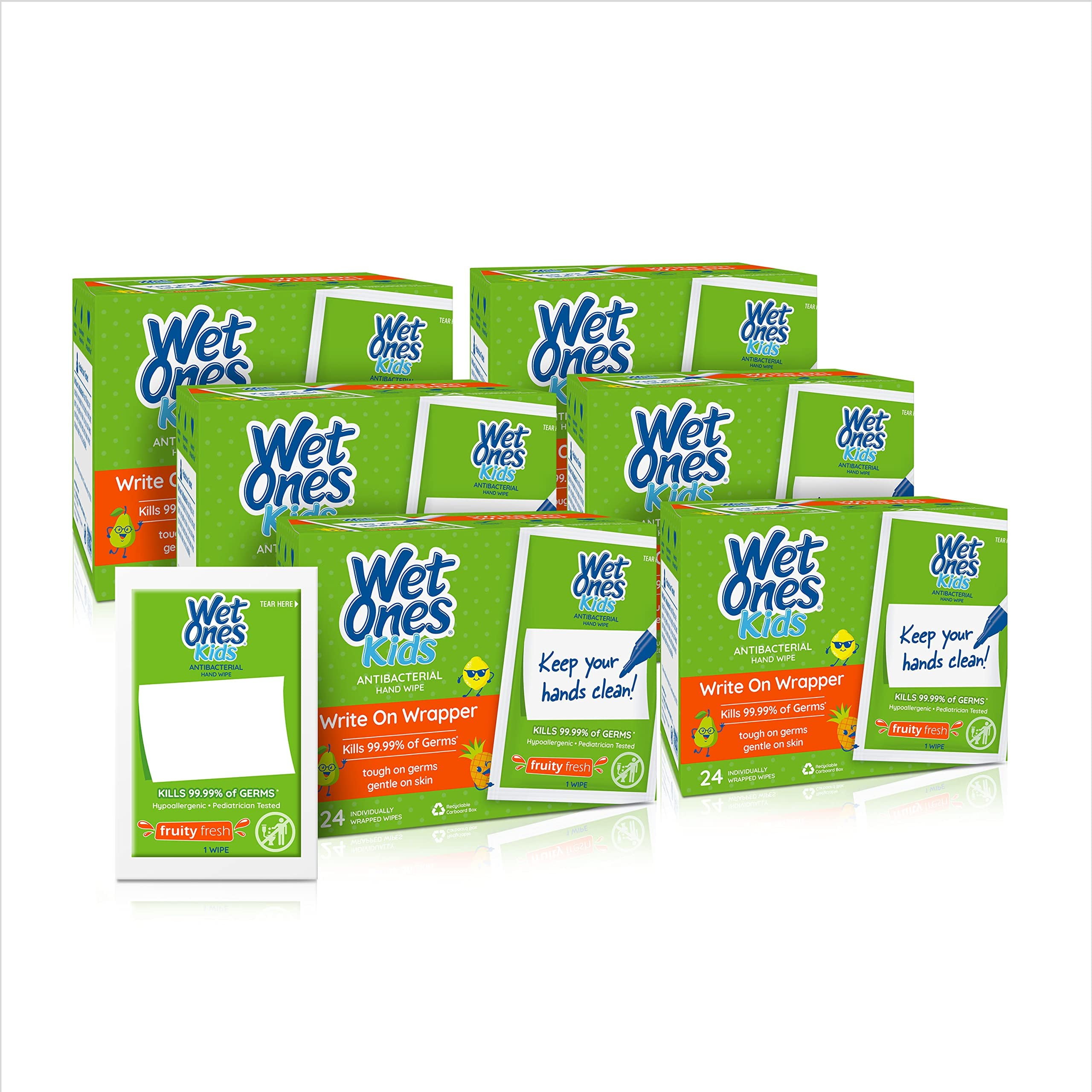 Wet Ones Antibacterial Hand Wipes for Kids with Write On Wrapper Travel Wipes, Hand Wipes Individually Wrapped Wet Ones Wipes, Fruity Fresh Scent, 24ct 6 pack