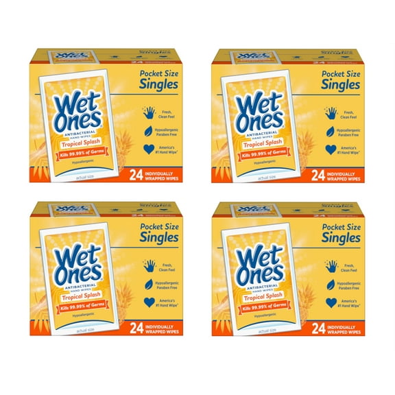 Wet Ones Antibacterial Hand Wipes Singles, Tropical Splash, 24 Ct - Pack of 4