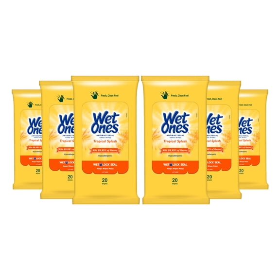 Wet Ones Antibacterial Hand Wipes, Tropical Splash, 20 Count (Pack of 6)