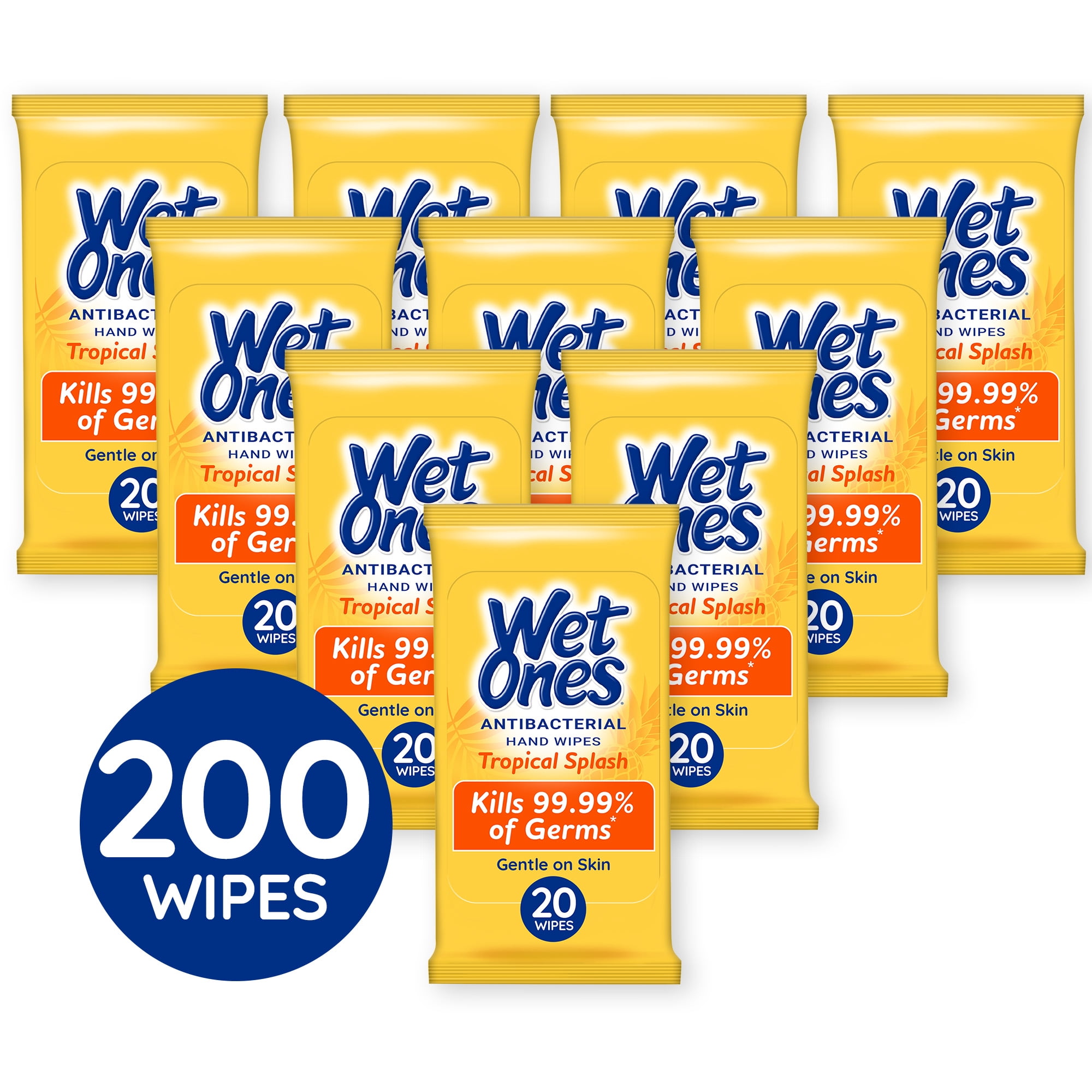 Wet Ones Antibacterial Hand Wipes, Tropical Splash Citrus, 20 Ct Pouch 10 Pack, 200 Total Wipes