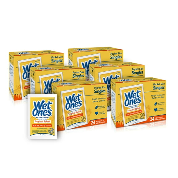 Wet Ones Antibacterial Hand Wipes, Tropical Splash Citrus, 24 Ct Singles 6 Pack, 144 Total Wipes