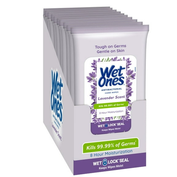 Wet Ones Antibacterial Lavender Scent Hand Wipes 20 Ct Travel Pouch, Case of 10 packs, Kills Germs, 8 Hour Moisturization