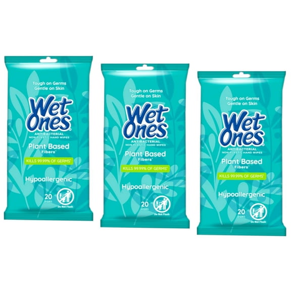 Wet Ones Antibacterial Plant Based Fiber Hypoallergenic Hand Wipes, 20 Count - Pack of 3