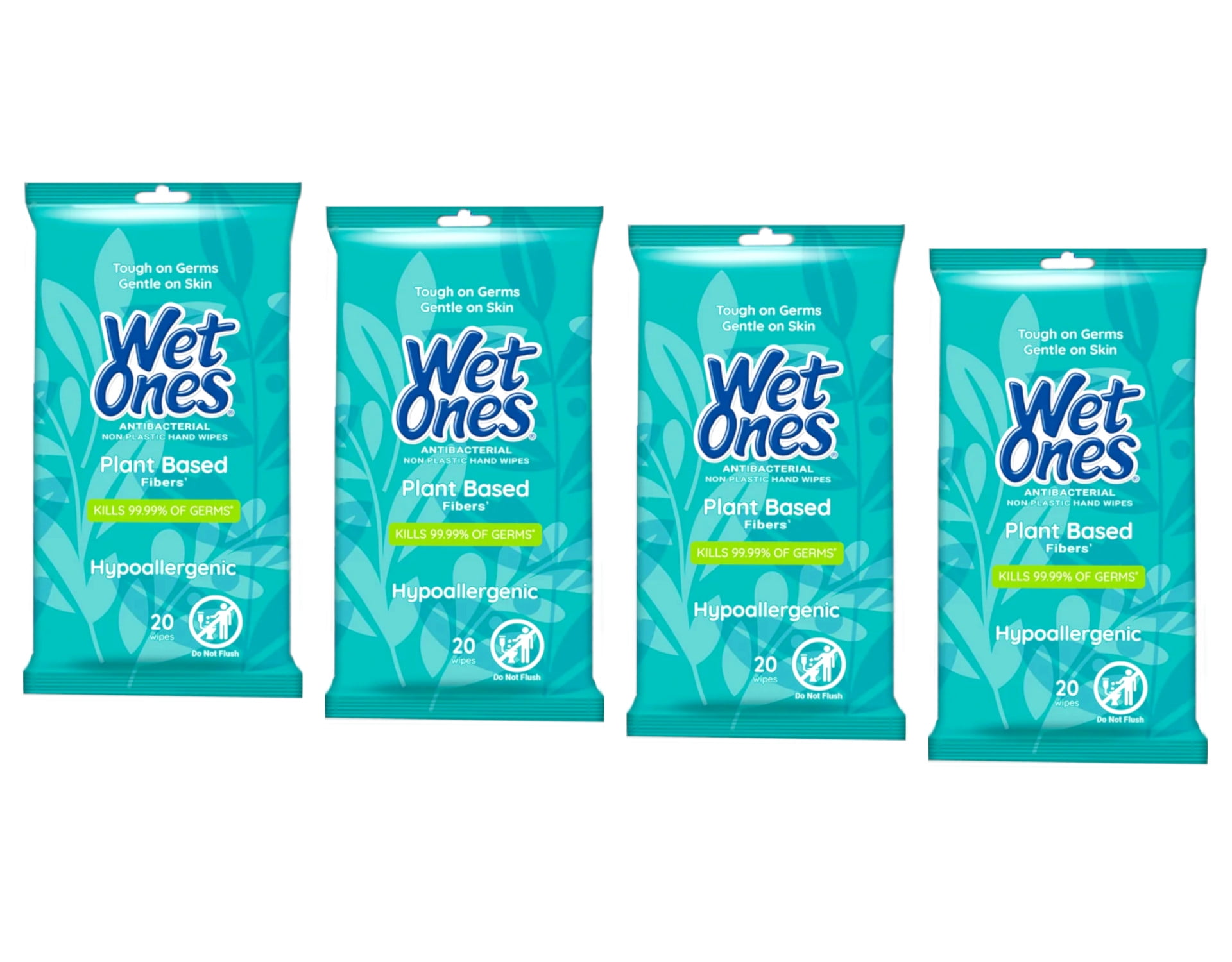 Wet Ones Antibacterial Plant Based Fiber Hypoallergenic Hand Wipes, 20 Count - Pack of 4